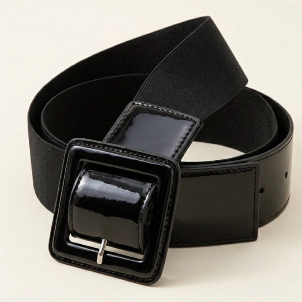 Black Glossy Wide Elastic Belt with Statement Rectangular Buckle – 35 Inches